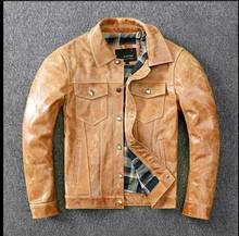 Jaqueta fina de couro genuíno 507 masculina, jaqueta curta com cabeça de couro curtido em legumes 2024 - compre barato