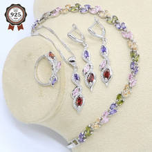 Circonio-Conjunto de joyería de Dubái para mujer, multicolor, Color plata, con pulsera, pendientes, collar, colgante, anillo, caja de regalo 2024 - compra barato