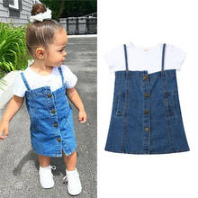 2019 Newest Toddler Baby Girl Clothes Short Sleeve T Shirt Tops Denim Button Skirt 2Pcs Outfits Summer Clothes 1-4Y 2024 - buy cheap