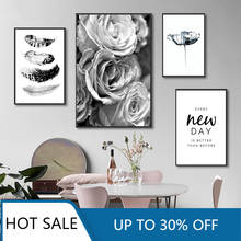 Arte de pared en blanco y negro, pintura en lienzo de flor rosa, carteles de Navidad e impresiones, imágenes minimalistas para decoración de sala de estar 2024 - compra barato