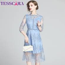 Tesscara mulheres de luxo bordado malha vestido festa festa alta qualidade elegante azul casamento robe femme designer do vintage vestidos 2024 - compre barato