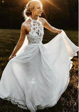 Halter Beach Lace Wedding Dress Chiffon A Line Sexy Sheer Neck White Boho Bridal Gowns Bohemian Country Wedding Chic Design 2020 2024 - buy cheap