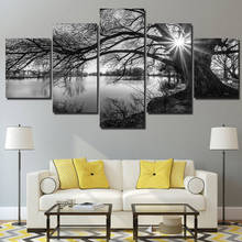 Модульные плакаты на 5 панелей, настенное искусство на холсте, HD печатная Масляная картина, Черное и белое дерево, река, пейзаж, картина, домашний декор 2024 - купить недорого