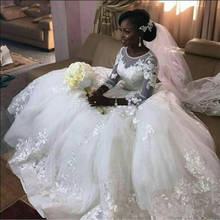 Luxury Lace African Wedding Dresses with 3/4 Sleeves Appliques Buttons Back Scoop Plus Size Custom Made Bridal Gowns 2020 2024 - buy cheap