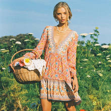 Jastie/летнее богемное платье с цветочным принтом, v-образный вырез, длинный рукав, женские мини платья, повседневный пляжный сарафан для отдыха, Ropa Mujer Vestidos 2024 - купить недорого