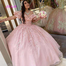Pink Ball Gown Quinceanera Dresses Sweet 16 Lace Appliques Off the Shoulder Beaded Floor Length Long Prom Dress 2024 - buy cheap