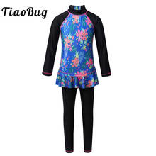 TiaoBug-traje de baño con estampado Floral para niñas, Top de manga larga con falda, traje de baño, traje de baño 2024 - compra barato