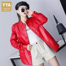 Spring Office Lady Sheepskin Red Long Sleeve Jacket Natural Leather Stand Collar Slim Jackets Tops Streetwear Fashion Coat 2024 - buy cheap