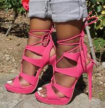 -Sandalias de Moraima gladiador de talla grande para mujer, zapatos de plataforma con cordones rosas, con punta abierta, para verano 2024 - compra barato