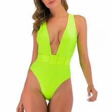 2020 One Piece Swimsuit Women Neon Swimwear Deep V Bathing Suit Backless Monokini Plunge Swimsuit Belt Swimwear Sexy Swimsuits 2024 - buy cheap