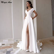 Vestido de casamento do boho magic awn branco, cetim, com bolsos, fora do ombro, divisão lateral, vestidos simples, linha a 2024 - compre barato