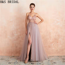 H&S BRIDAL Evening Dresses Long A Line Tulle High Slit Prom Dress 2019 Rhinestone Sequin Girls Party Gowns 2024 - buy cheap