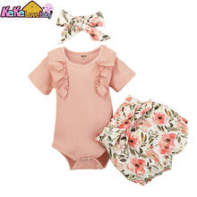 Conjunto de roupas para bebês recém-nascidos, 3 pçs, malha, cor sólida, macacão, calças, tiara, verão, recém-nascidos 2024 - compre barato