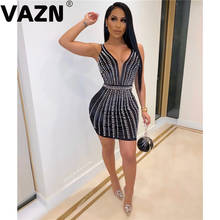 VAZN 2020 Hot Heavy Industry Beading Sexy Club Untidy Classic Black Fashion Tank Sleeve Women High Waist Pencil Mini Dress 2024 - buy cheap