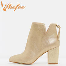 Shofoo oro Super alta tacones cuadrados botas mujer punta redonda con cremallera Botines Chelsea señoras de la moda de invierno zapatos de gran tamaño 41 42 43 2024 - compra barato