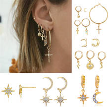 Vintage Bohemian Little Moon Stars Cross Crystal Dangle Earrings Women Trendy Piercing Ear Studs Cuff Circle Jewelry Earring 2024 - buy cheap