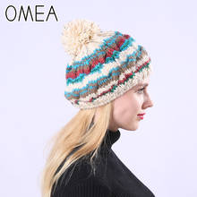 OMEA Gorro feminino gorro de malha feminino inverno skullies com pompom listrado cor misturada gorro feminino para o outono feito à mão chapéu gorro 2024 - compre barato