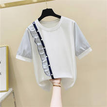 Camiseta de algodón de manga corta con cuello redondo y volantes para mujer, blusa holgada coreana con costuras a rayas, moda de verano, 2021 2024 - compra barato