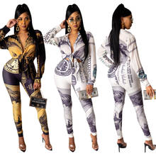 US Money Dollar Print Sexy Two Piece Set Tracksuit for Women Long Sleeve Tie Up Blouse Top and High Waist Pencil Pant Sweatsuit 2024 - buy cheap