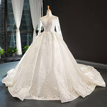 Vestido de Noiva Long Sleeve Ball Gown Wedding Dresses Pearls Appliques Luxury Robe de Mariee Illusion Back Bruidsjurken 2024 - buy cheap
