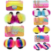 Women's Real Fox Fur Slippers Ladies Cute Plush Slides Matte Jelly Bags Sets Wallet Female Fur Soft Sandals Fluffy Colorful Shoe 2024 - buy cheap