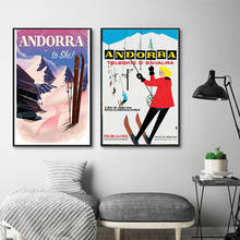 Pinturas en lienzo de viaje de esquí en Andorra, carteles de papel Kraft Vintage, pegatinas de pared recubiertas, regalo de decoración del hogar 2024 - compra barato