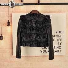 Spring Long Sleeve Ruffle Short Jacket Women Stand Collar Single Breasted Slim Casual Outwear Tops Real Leather Sheepskin Coat 2024 - buy cheap
