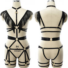 JLX.HARNESS Tassels Lingerie Set Harness Bra Black Body Cage Sexy Garter Belt Rave Dance Goth Clothes Punk Bondage Body Harness 2024 - buy cheap