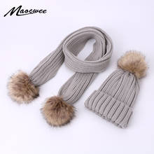 Autumn Winter Warm Scarf Hat Set Children Adult Beanies PomPon Knitted Unisex Solid Color Skullies Hats Synthetic Fur Pompom 2024 - buy cheap