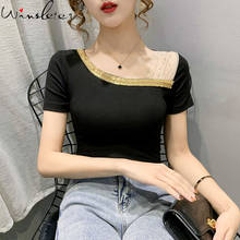 Summer Korean Style Cotton T-Shirt Fashion Sexy Skew Collar Shiny Diamonds Women Tops Short Sleeve Slim Tees New 2021 T13117A 2024 - buy cheap