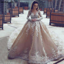 Dubai champagne mangas compridas vestidos de casamento luxo 2021 flores artesanais lantejoulas vestidos de noiva ha2222 feito sob encomenda 2024 - compre barato