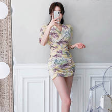 2021 verão novo estilo coreano temperamento feminino com decote em v magro manga curta impressão plissado moda bodycon vestido feminino 2024 - compre barato