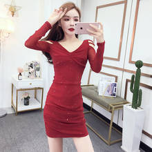 #5042 Black Red Tight Dress Women Sexy Long Sleeved Sexy Off Shoulder Mini Dress V Neck Short Party Bodycon Mesh Ladies Dresses 2024 - buy cheap