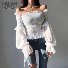 Srping-Blusa informal de gasa para mujer, camisa Sexy de manga larga con cuello de barco, corsé de encaje para oficina, 12813 2024 - compra barato