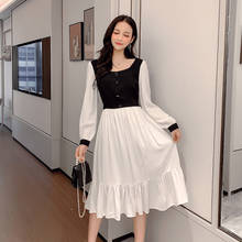 Moda 2019 alta cintura mujeres vestido coreano breve A-line vestidos sueltos un solo Breasted Patchwork Casual Vintage vestido 2024 - compra barato