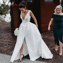 Simples decote em v cetim vestido de casamento sexy sem costas sem mangas side slit vestido de noiva a linha vestidos de novia 2020 2024 - compre barato