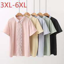 Camisa feminina plus size de chiffon, camisa casual folgada de manga curta rosa com botão de renda 3xl 4xl 5xl 6xl, 2021 2024 - compre barato