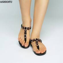 ASHIOFU Handmade Womens Sandals Crystals Beach Back-to-school Flat Sandals T-strap Fashion Daily Wear Sandals Shoes 2024 - compre barato
