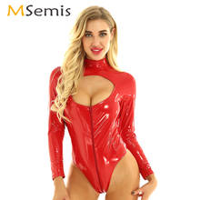 Women Latex Lingerie Sexy Pole Dance Leotard Wet Look Leather Bodysuit Long Sleeves Hollow Out Breast High Cut Catsuit Costumes 2024 - buy cheap