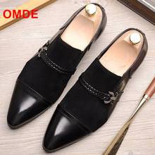 OMDE Pointed Toe Black Leather Loafers Patchwork Slip On Business Casual Shoes Oxford Shoes Men Cow Suede Wedding Shoes 2024 - buy cheap