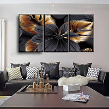 Pintura en HD de hojas de flores doradas y negras para sala de estar, Impresión de Arte de pared de plantas modernas en lienzo, impresiones de imágenes para sala de estar 2024 - compra barato