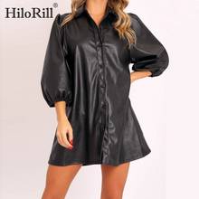 HiloRill Streetwear Faux Leather Dress Women Sexy Club Mini Dress Fashion Lantern Sleeve Turn Down Collar A-line Dresses Vestido 2024 - buy cheap