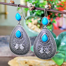 Pendientes étnicos turquesas naturales para mujer, aretes colgantes de gota de agua de piedra azul de Color plateado antiguo, joyería bohemia de moda 2024 - compra barato