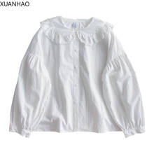 XUANHAO 2020 Autumn New Women Cotton White Blouses Peter Pan Collar Ruffles Lantern Sleeve White Blouse Sweet Mori Girls Shirt 2024 - buy cheap