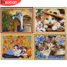 HUACAN-Conjunto de punto de cruz con diseño de gato y flores, lienzo blanco, costura, artesanía, Kits de punto de cruz, bordado Animal, 14ct, 11CT 2024 - compra barato