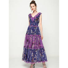 Женское модельное платье макси без рукавов, летнее фиолетовое платье с V-образным вырезом и цветочным принтом, праздничное пляжное платье 2024 - купить недорого