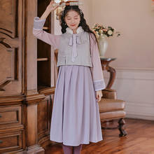 SWEETXUE Retro Embroidery Flower Preppy Style Rabbit Fur Vest + Long Dress Chinese Style Dress Female 2024 - buy cheap