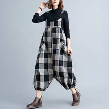 Women Spring Fashion Cotton Linen Jumpsuits For Woman Strap Suspenders Pockets Loose Harem Pants Check Plaid Rompers Overalls 2024 - buy cheap