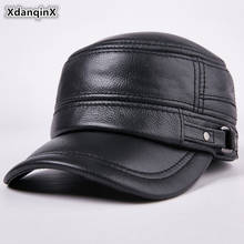 Xdanqschap chapéu de couro genuíno, boné de couro de vaca masculino de outono, chapéus militares do exército ajustável, meia-idade, clássico, quentes, tampas protetoras de orelha 2024 - compre barato