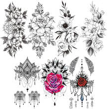 Sexy Rose Temporary Tattoo For Women Black Flower Feather Tattoos Sticker Jewelry Necklace Fake Tatoo Arm Chest Floral Camellia 2024 - buy cheap